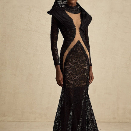 A black structured maxi dress with a fishtail silhouette and split detail named Inès