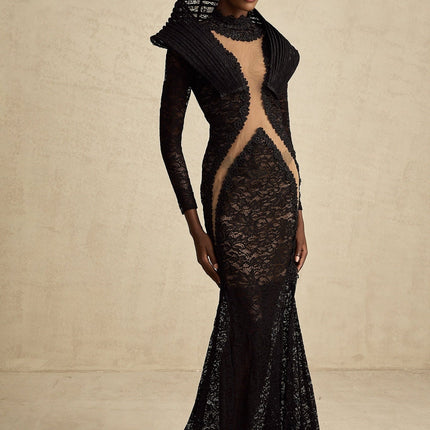 A black structured maxi dress with a fishtail silhouette and split detail named Inès