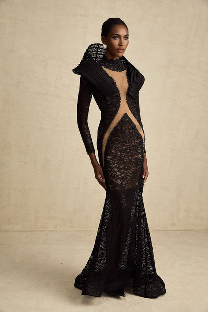 A black structured maxi dress with a fishtail silhouette and split detail named Inès
