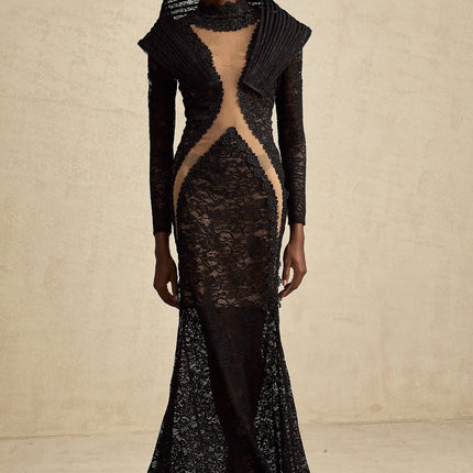 A black structured maxi dress with a fishtail silhouette and split detail named Inès