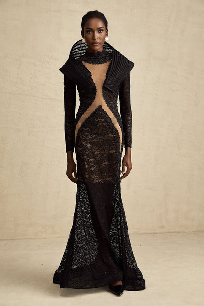 A black structured maxi dress with a fishtail silhouette and split detail named Inès
