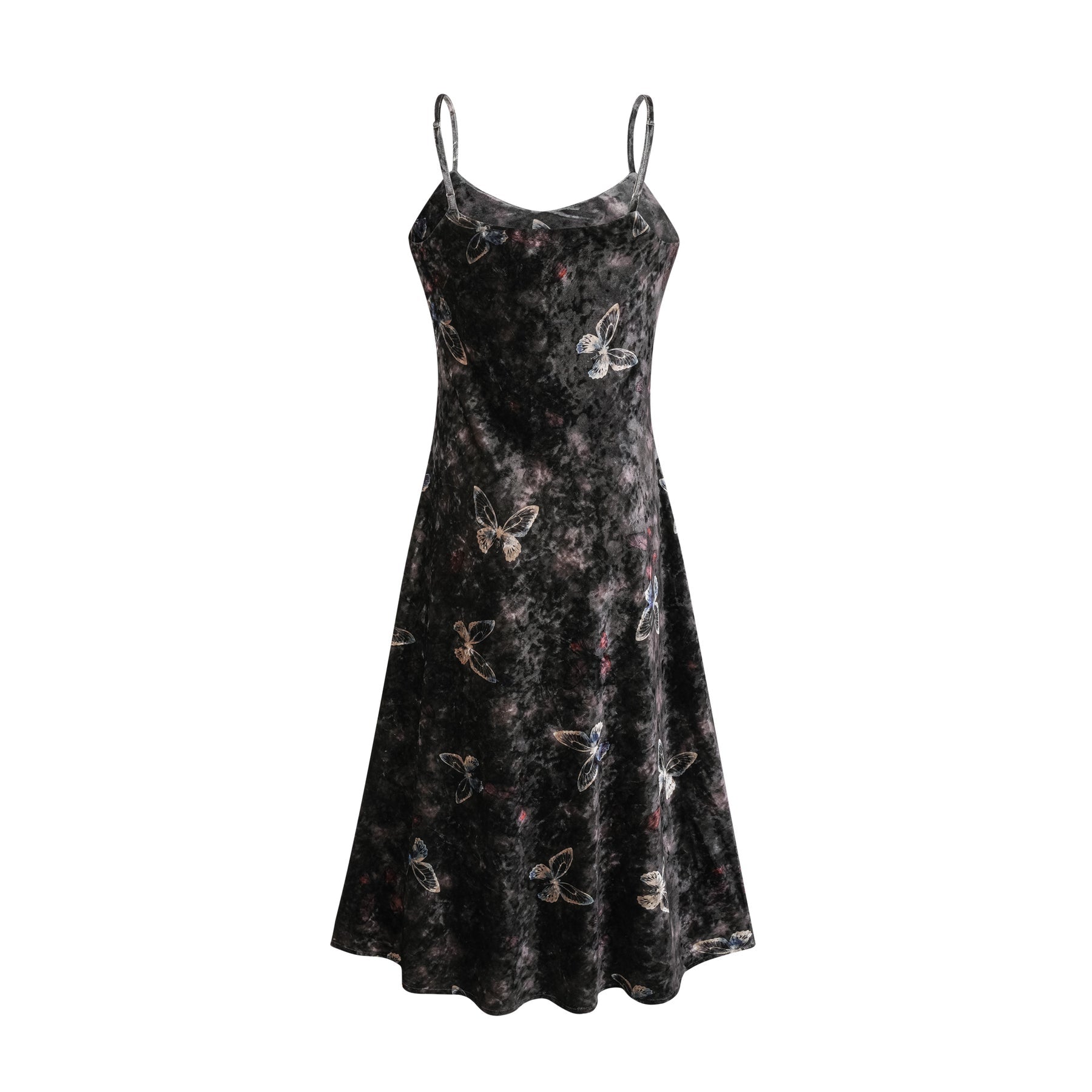 A black velvet midi dress with a butterfly print pattern featuring a fitted bodice and flared skirt