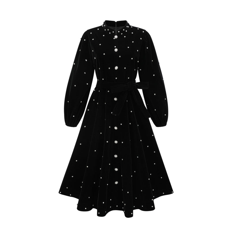 A black velvet midi dress with embellishments named Lola