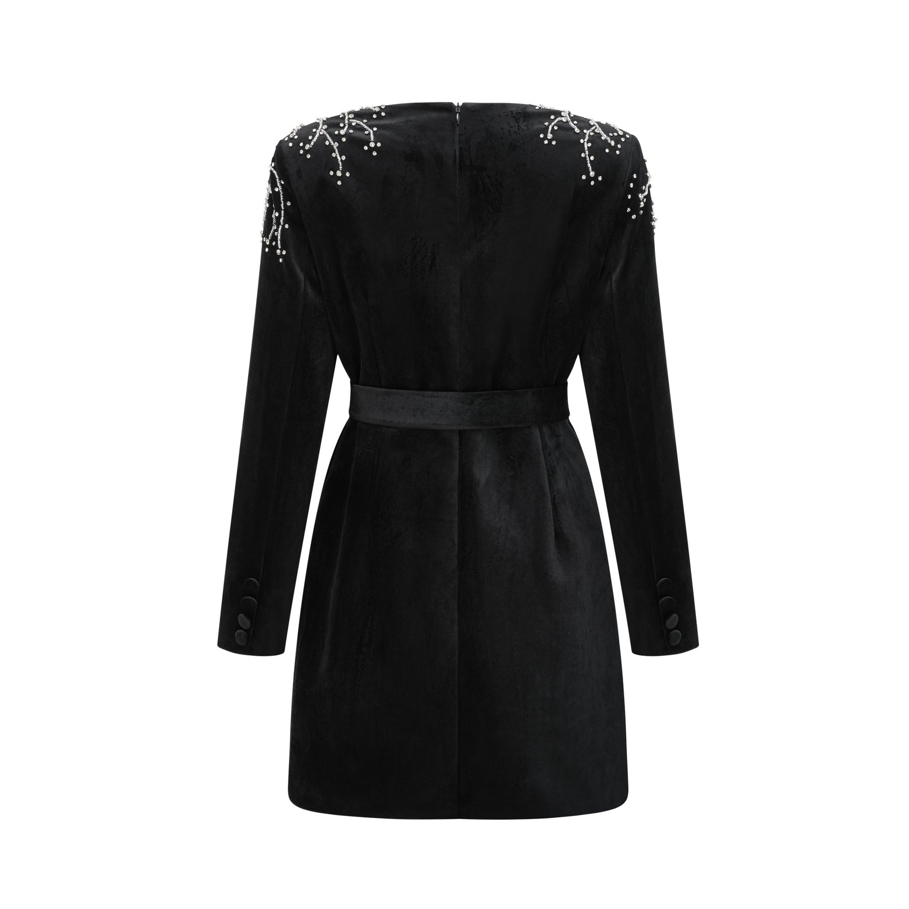 A black velvet mini dress with crystal embellishments called Emilie