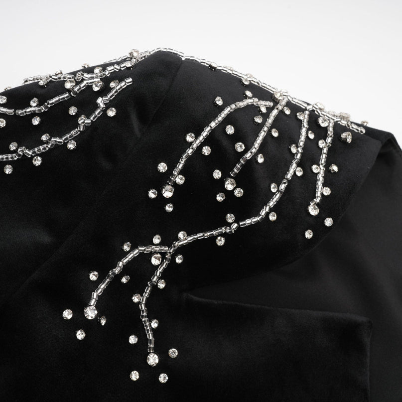 A black velvet mini dress with crystal embellishments named Emilie