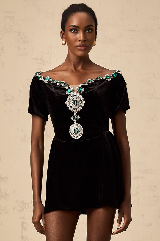 A black velvet mini dress with embellishments named Camille