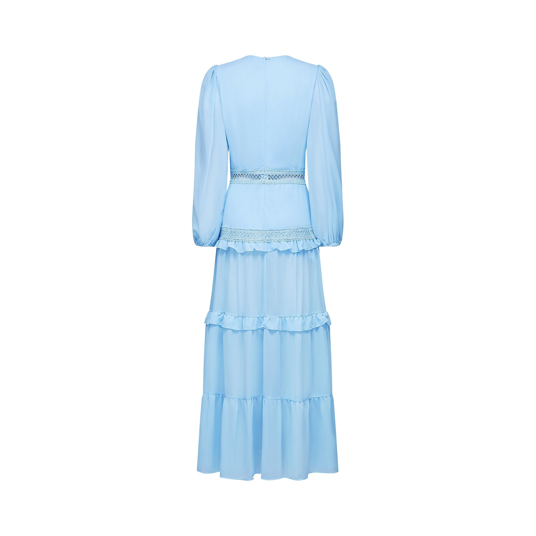 A blue maxi dress named Juno featuring cut out details and ruffles