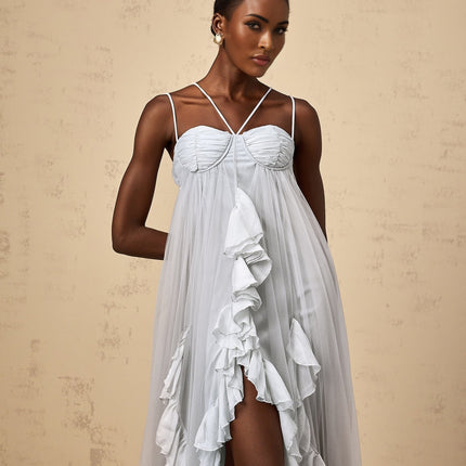 A blue maxi dress with layered ruffled tulle skirt and sleeveless bodice named Colette