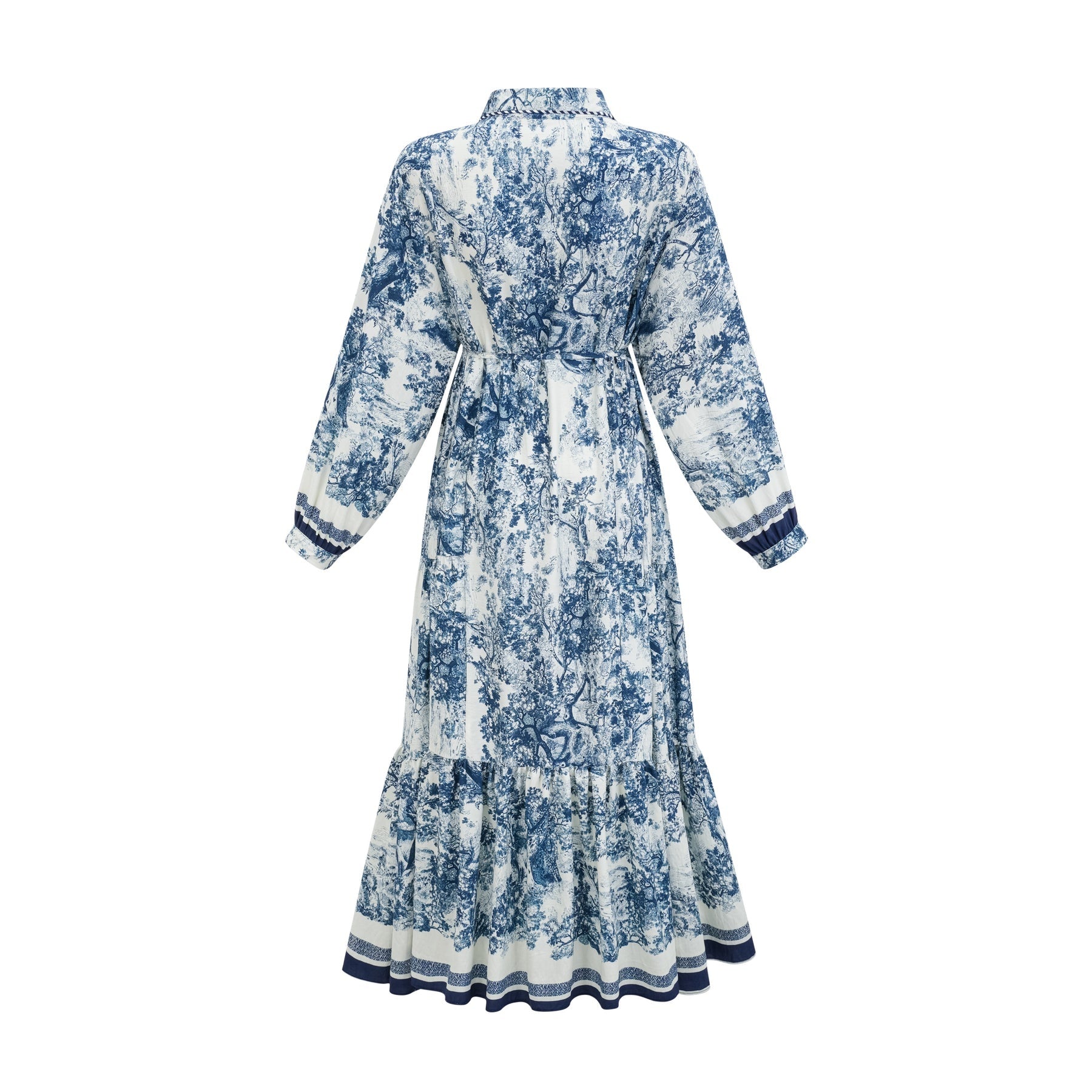 A blue midi dress with a graphic print pattern featuring the Adélaïde design