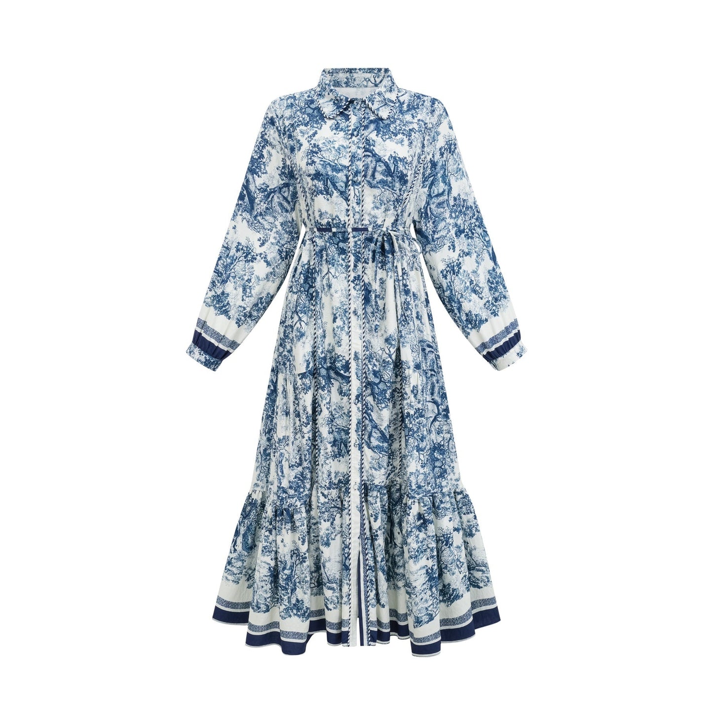 A blue midi dress with a graphic print pattern named Adelaide