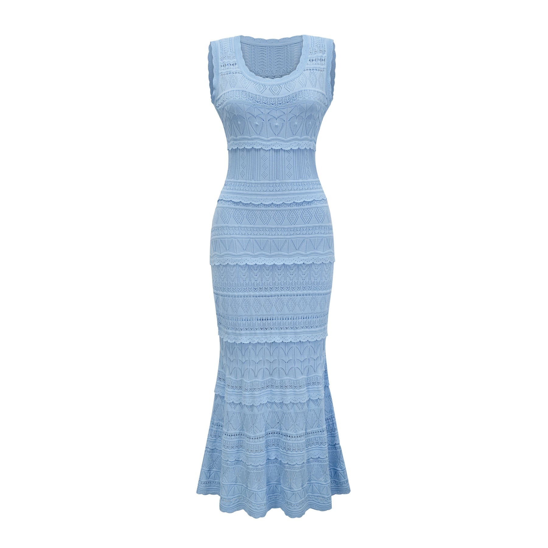 A blue midi dress with crochet knit detailing and ruffled trim featuring a sleeveless design and fitted silhouette