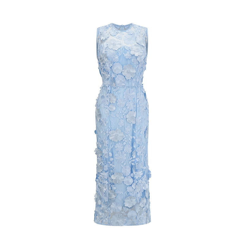 A blue midi dress with floral applique details featuring a Herta design