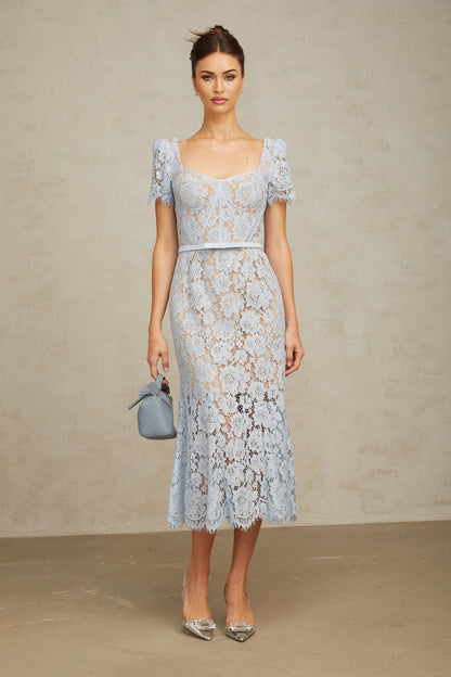 A blue midi dress with floral lace pattern featuring boned structure and named Audrey