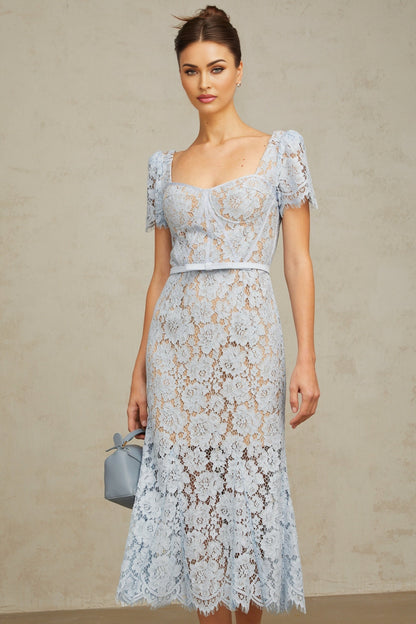 A blue midi dress with floral lace pattern featuring boned structure and named Audrey