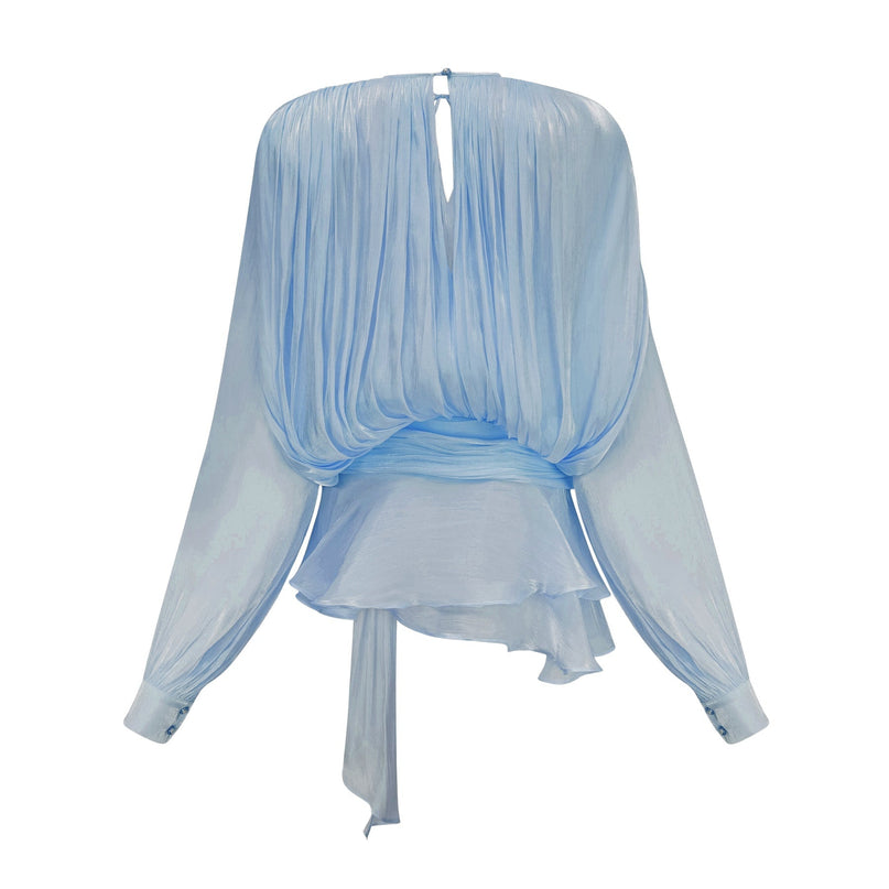 A blue mini dress with full pleats and ruffles named Eugenie