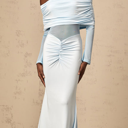 A blue offshoulder maxi dress with ruched detailing named Ninon