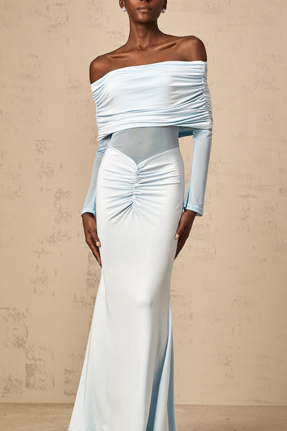 A blue offshoulder maxi dress with ruched detailing named Ninon