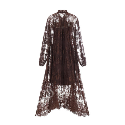A brown flared midi dress made of chantilly lace named Sylvie featuring a fitted bodice and flowing skirt