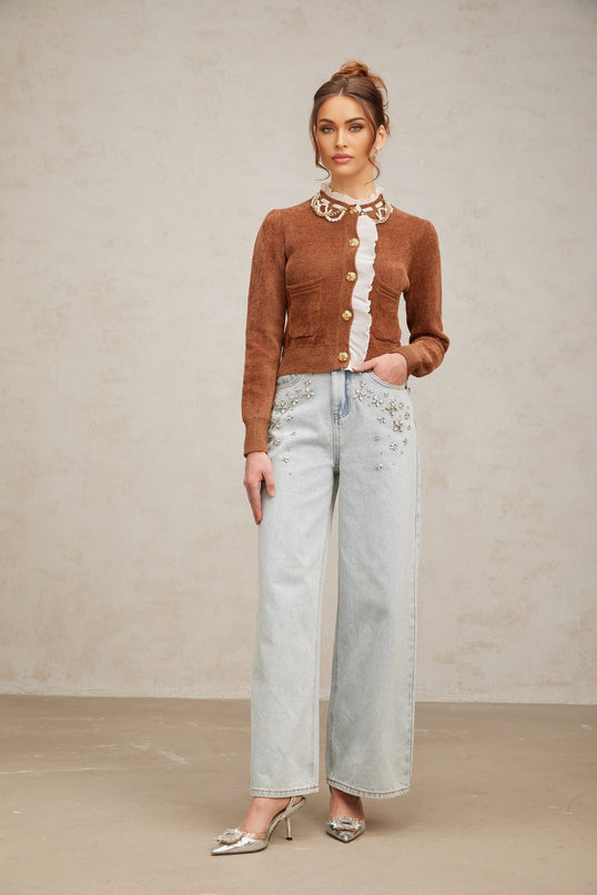 A brown knit cardigan with embellishments and ruffled details named Elisabetta