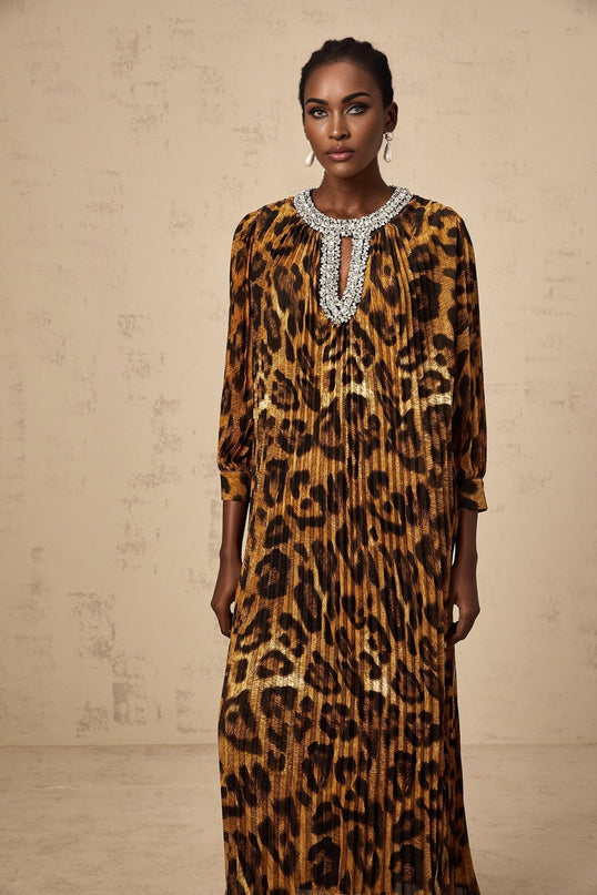 A brown leopard print midi dress with embellishments named Anais