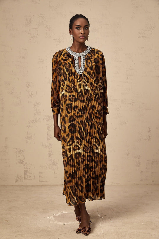 A brown leopard print midi dress with embellishments named Anais