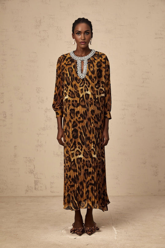 A brown leopard print midi dress with embellishments named Anais