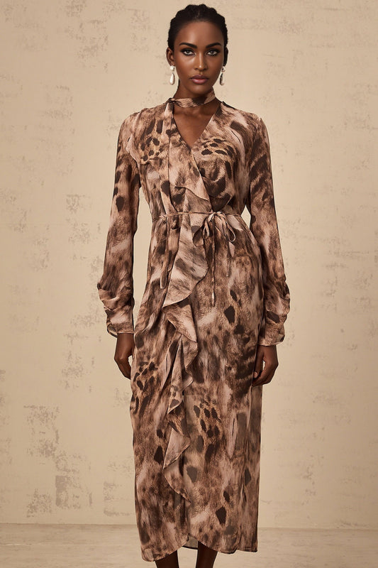A brown midi dress with ruffled details and leopard print pattern