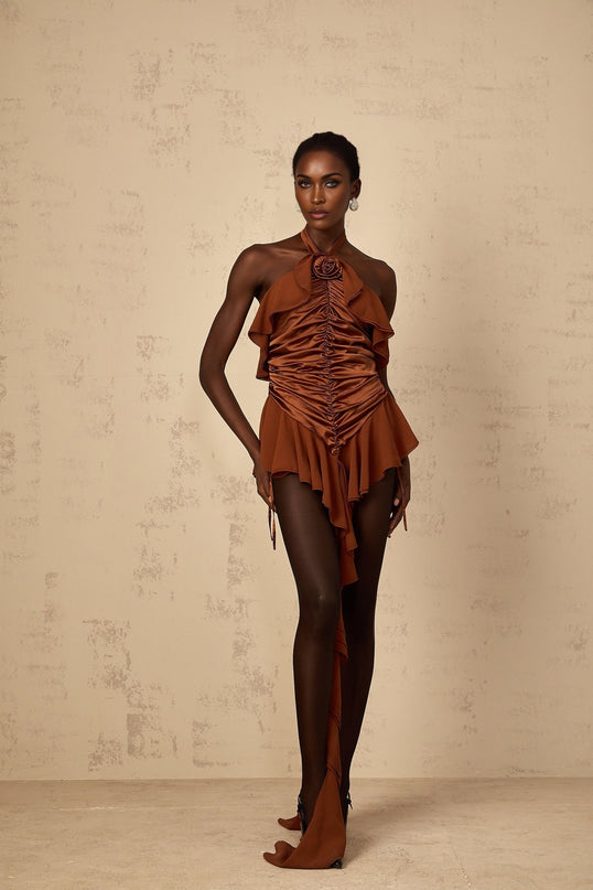 A brown mini dress with floral applique details and ruched fabric featuring a feminine design named Leonie