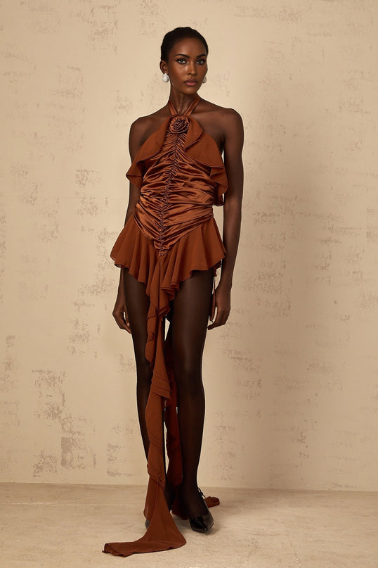 A brown mini dress with floral appliques and ruched detailing named Leonie