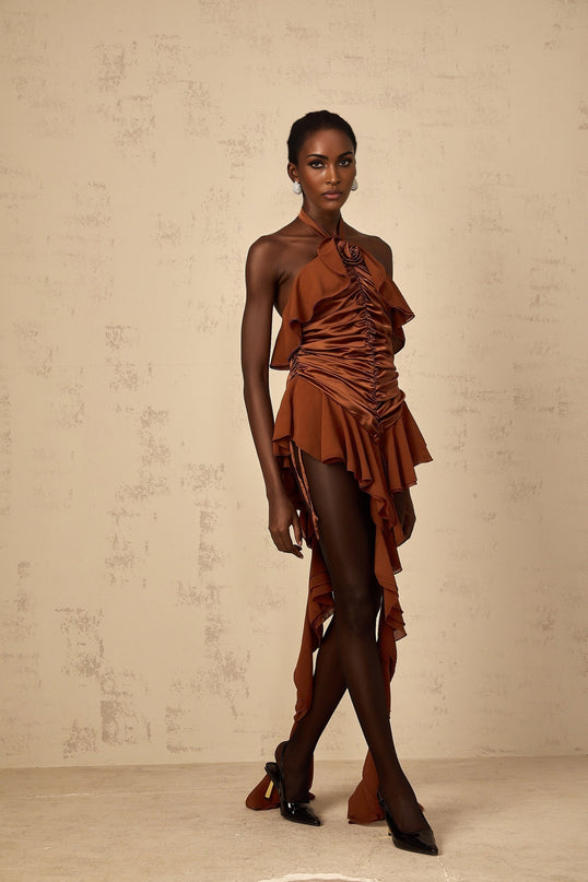 A brown mini dress with ruched detailing and floral applique decorations named Leonie