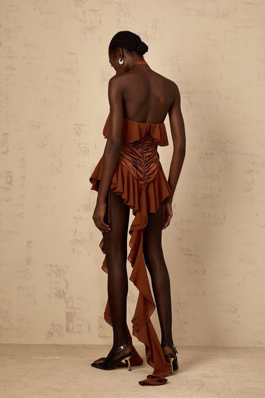 A brown mini dress with ruched fabric and floral applique details named Leonie