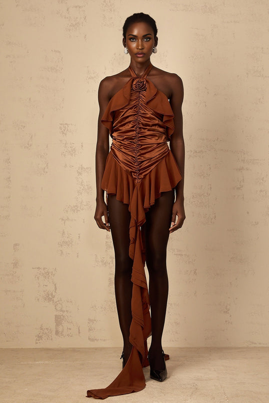 A brown mini dress with ruched fabric featuring floral appliques named Leonie