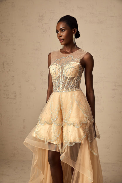 A champagne colored floorlength gown with a highlow hemline featuring daisy embellishments and a flowy silhouette