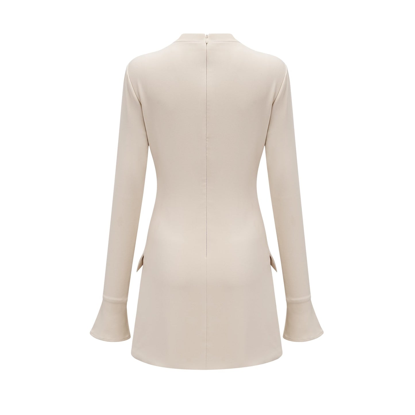 A creamwhite fitted mini dress by Chloé on a plain background showcasing its sleek silhouette and elegant design