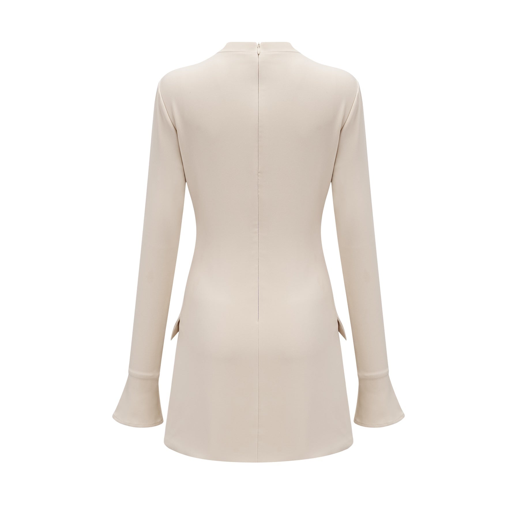 A creamwhite fitted mini dress by Chloé on a plain background showcasing its sleek silhouette and elegant design