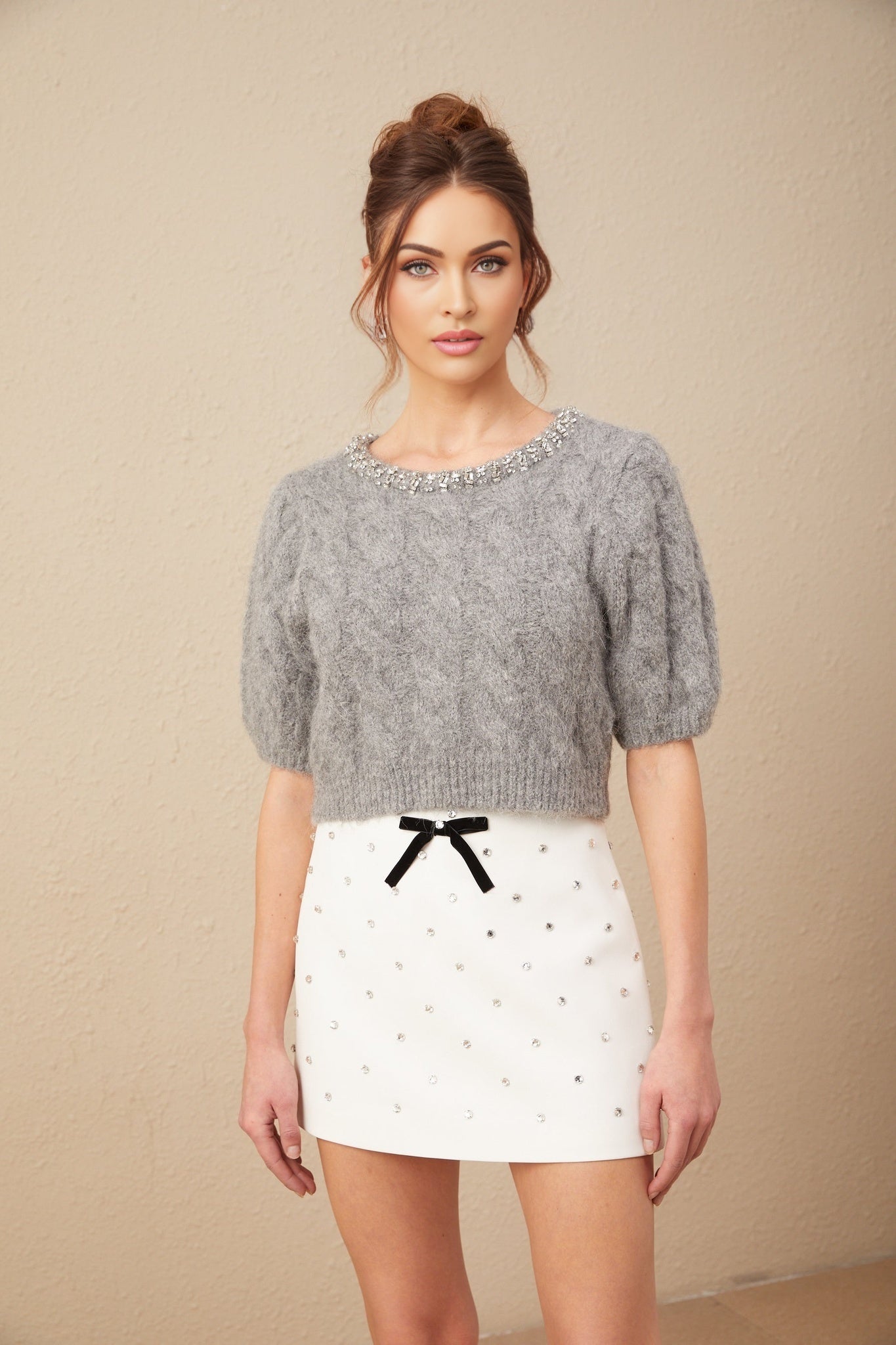 A cropped cableknit sweater in mohair with embellishments featuring a design called Ophelie