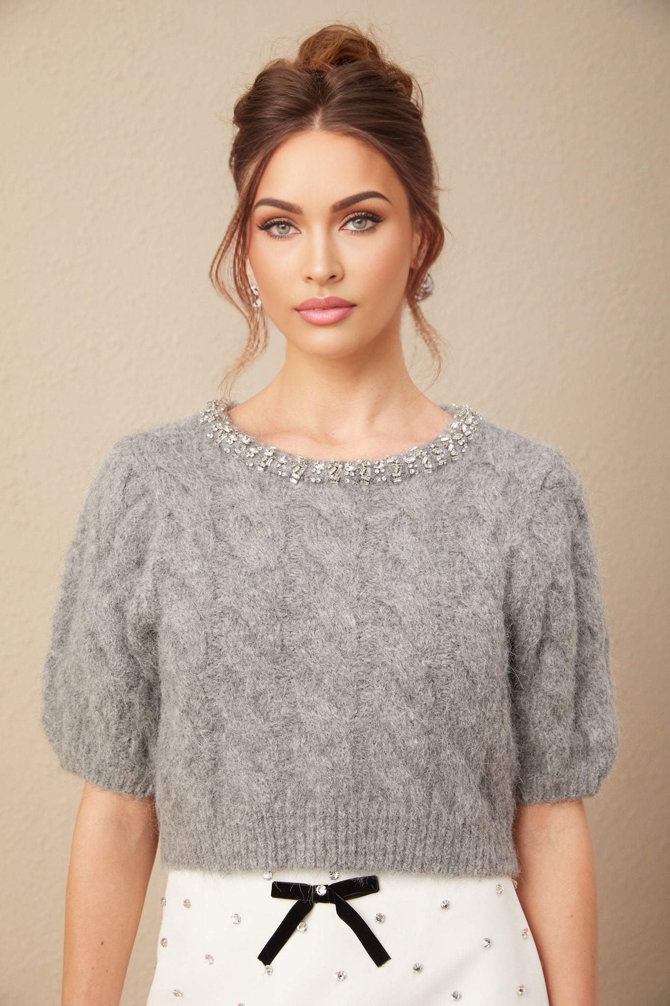 A cropped mohair sweater in a cable knit pattern featuring embellishments named Ophélie