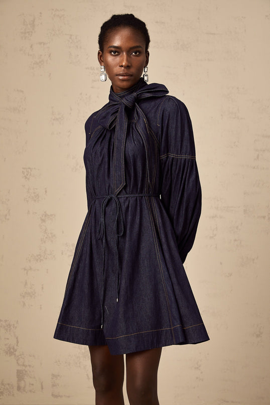 A dark blue denim mini dress with visible contrast stitching featuring a fitted silhouette and short hemline