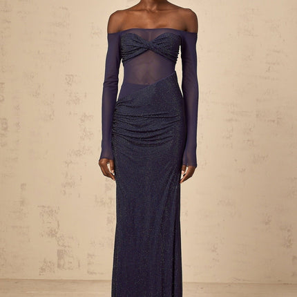 A dark blue maxi dress featuring a corset bodice with tulle panels and embellished details Hermine style floor length formal gown
