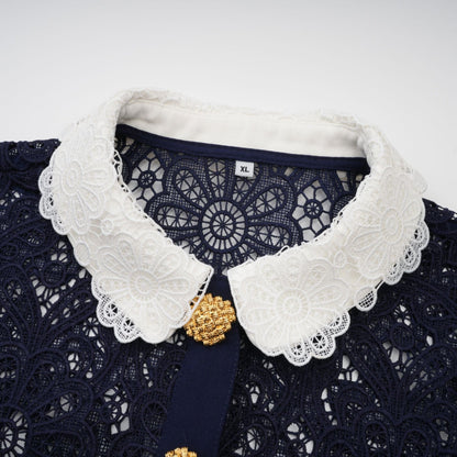 A dark blue midi dress with floral crochet lace pattern Ariane style