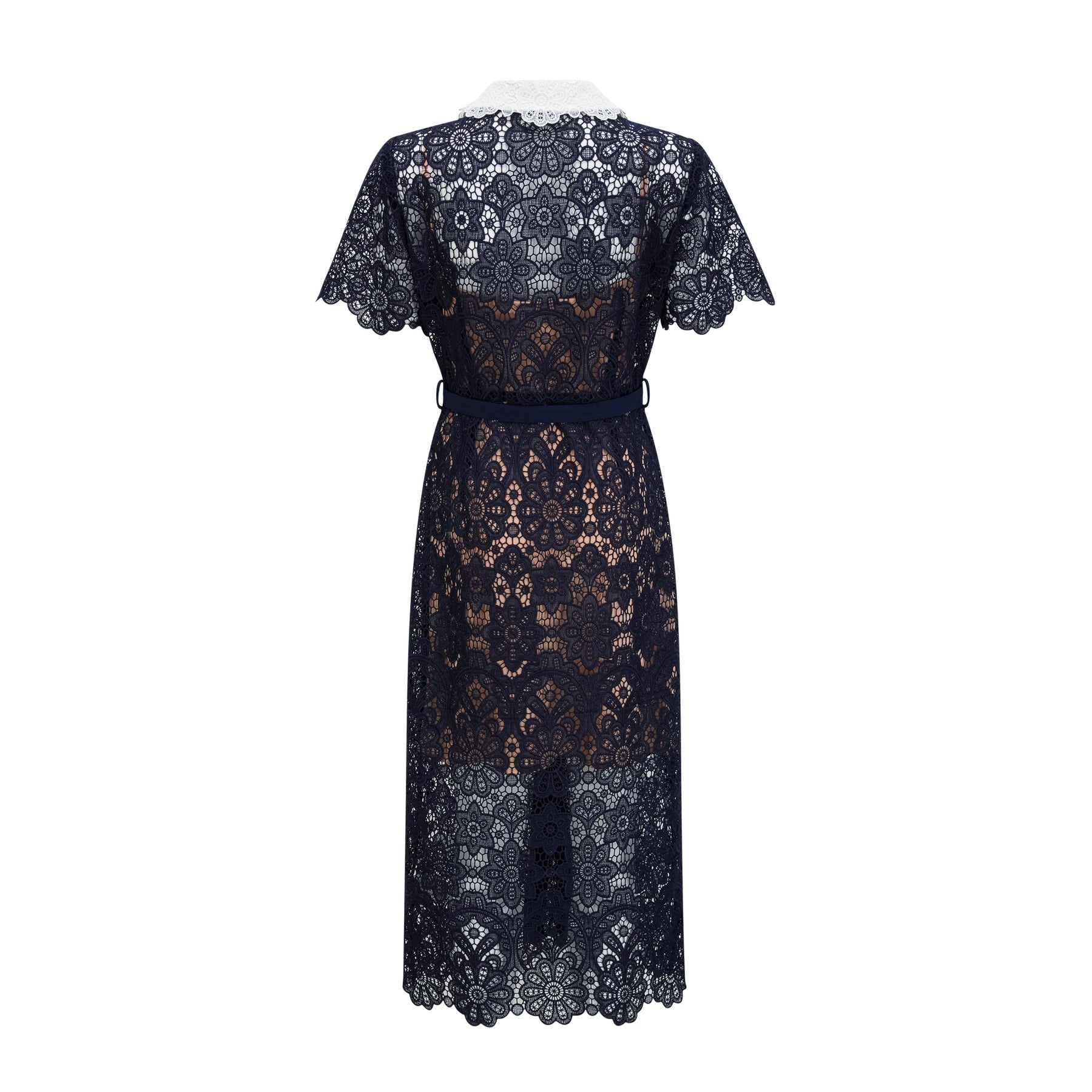 A dark blue midi dress with floral crochet lace pattern covering the bodice and skirt