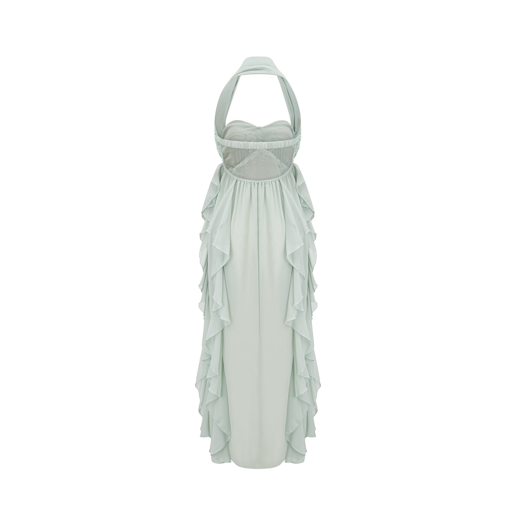 A elegant midi dress with ruffled details and embellishments named Salilah