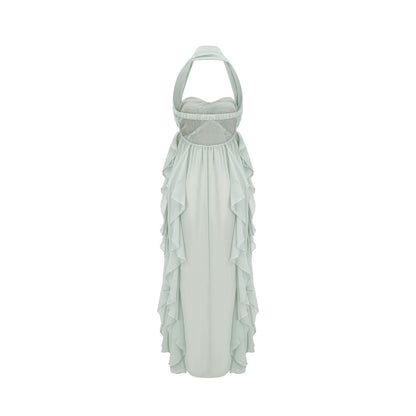 A elegant midi dress with ruffled details and embellishments named Salilah