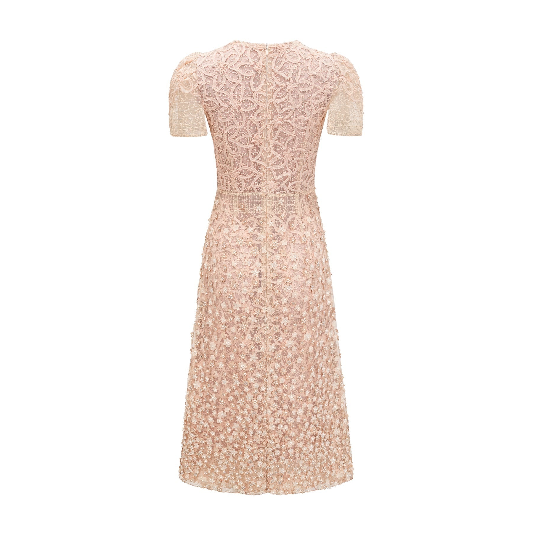 A feminine midi dress in neutral tones featuring crochet details and faux flower embellishments