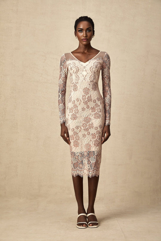 A fitted midi dress in white guipure lace with intricate floral patterns featuring short sleeves and a high neckline
