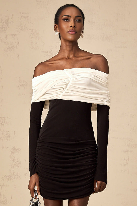 A fitted mini dress with ruched details featuring color blocking in contrasting shades named Angelique