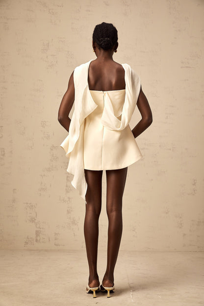 A flared mini dress with a ribbon design pattern named Danae shown on a model or mannequin