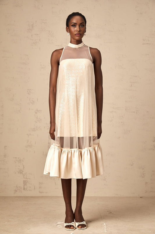 A floorlength layered midi dress with a tulle panel and sequin embellishments named Josette