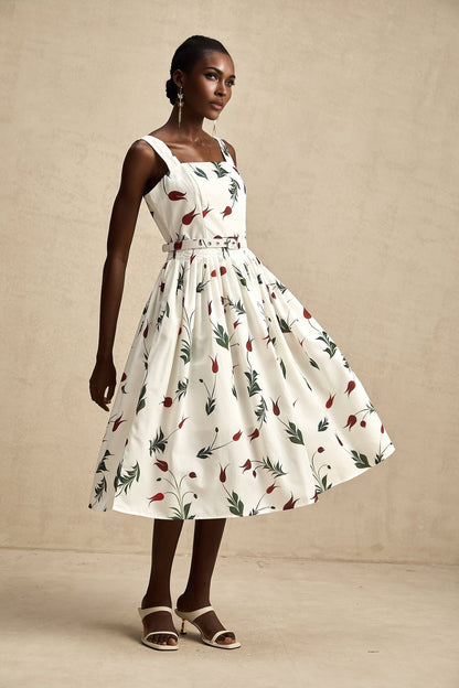 A floral print midi dress with a white background and colorful flower pattern featuring long sleeves and a flowy skirt