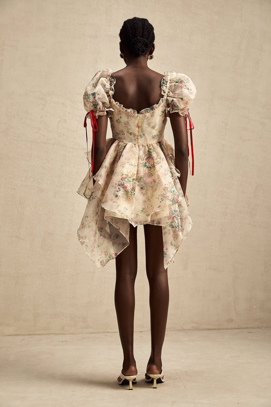 A floral print mini dress with layered tulle skirt and tie up detail named Salome